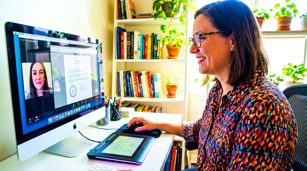 A woman reviews a document during a video call in a bright home office.
