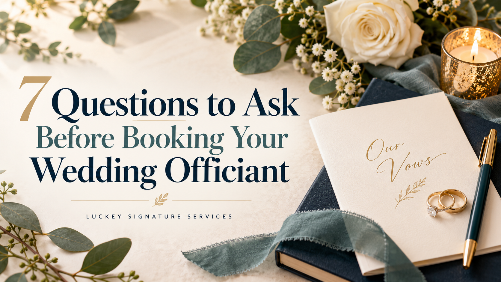 Wedding planning flat lay with cream roses, eucalyptus, a vows book, rings, a candle, and the title 7 Questions to Ask Before Booking Your Wedding Officiant in navy and teal.