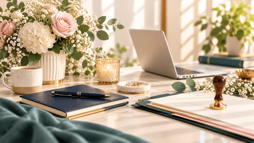 Warm professional workspace with navy notebook, documents, notary stamp and soft rose flowers