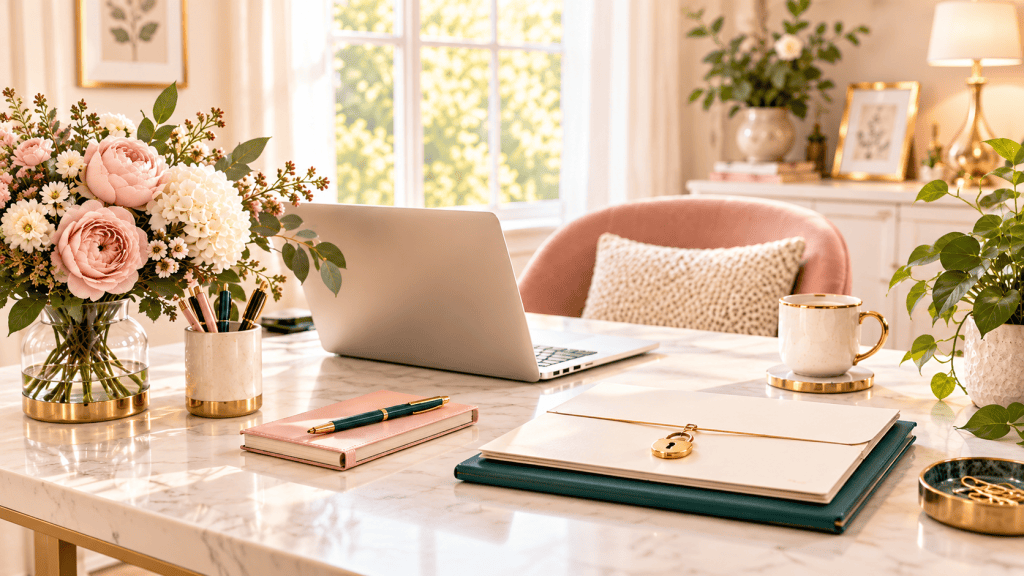 Warm worktable with blush roses, an open laptop, closed folder with a small gold lock, notebook, and coffee, in LSS brand colors.