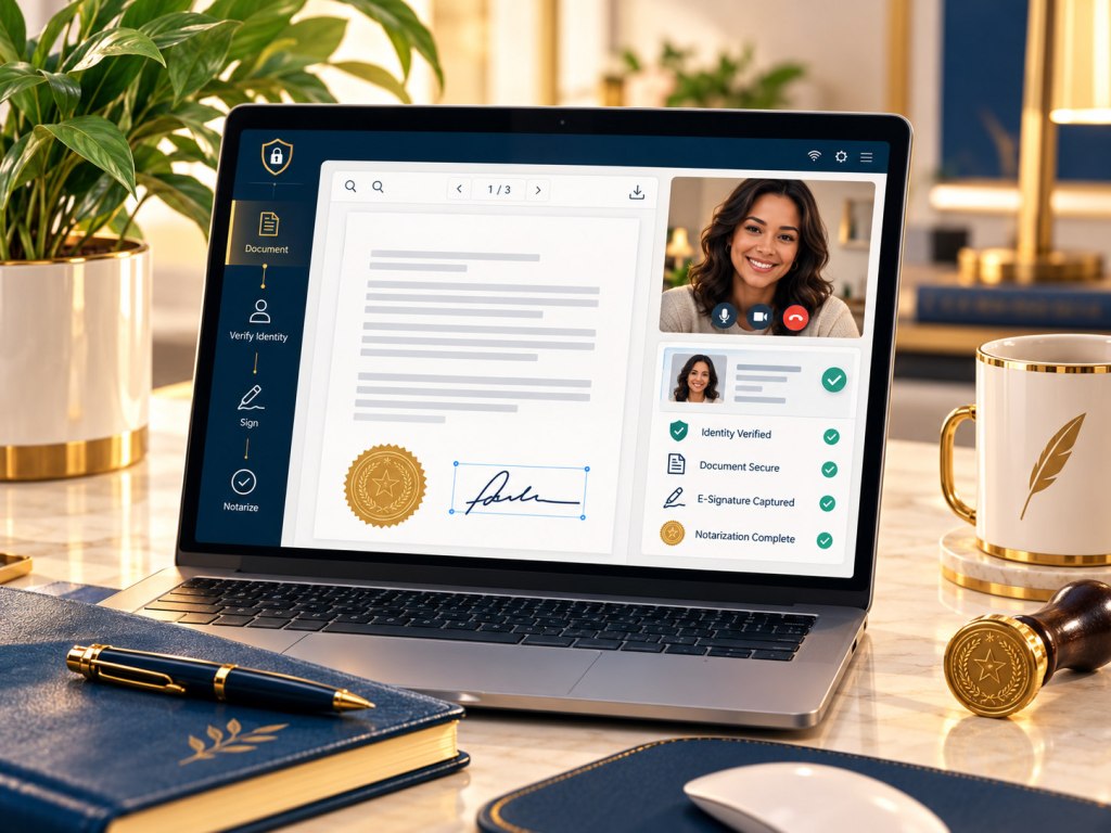 Laptop displaying an online notarization session and an electronic document