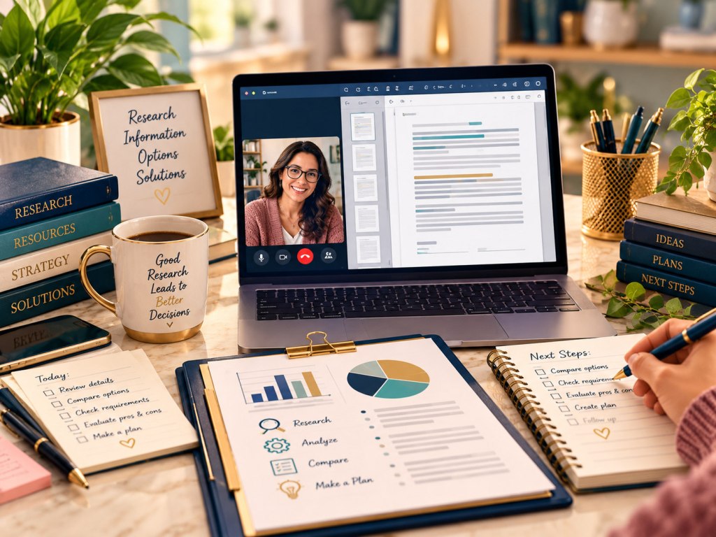 Research workspace with reports, resources, and a planning checklist