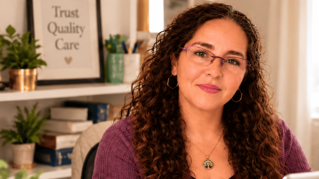 Carrie of Luckey Signature Services, wearing purple glasses and a plum cardigan, seated in a warmly lit office.