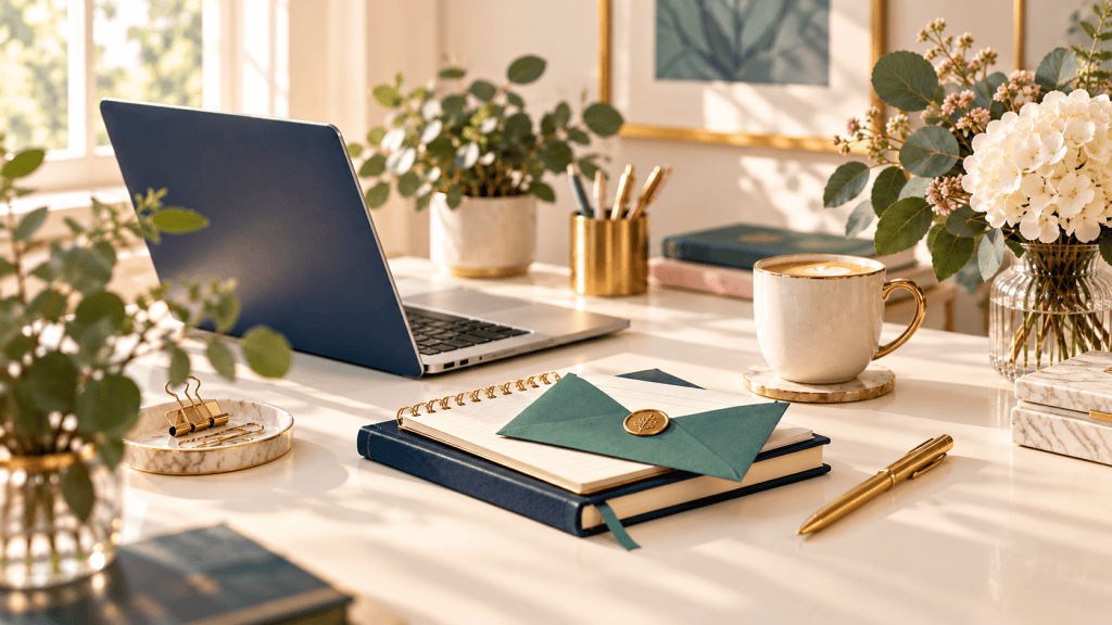 Sunlit professional desk with navy laptop, teal envelope, notebook, coffee and soft pink flowers